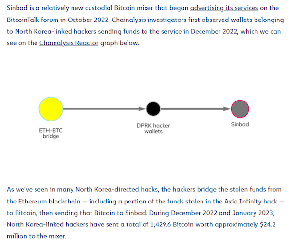 An excerpt from a Chainalyis report highlighting the emergence of Sinbad and its use by North Korean hackers