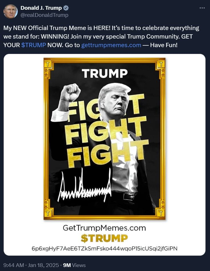 Trump launches meme coin on Solana