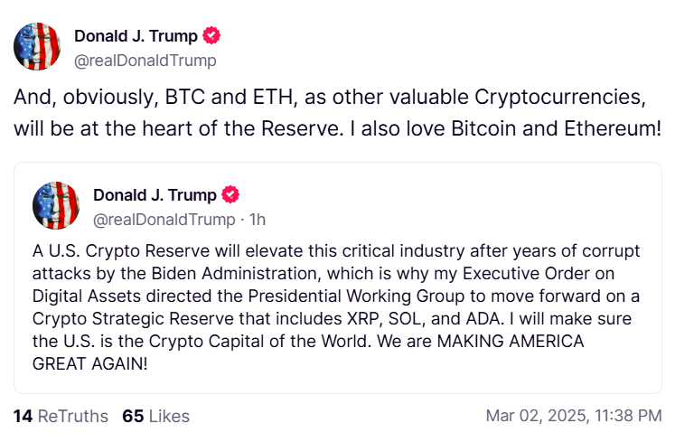 Trump says Bitcoin and Ethereum will "be at the heart" of US crypto reserve